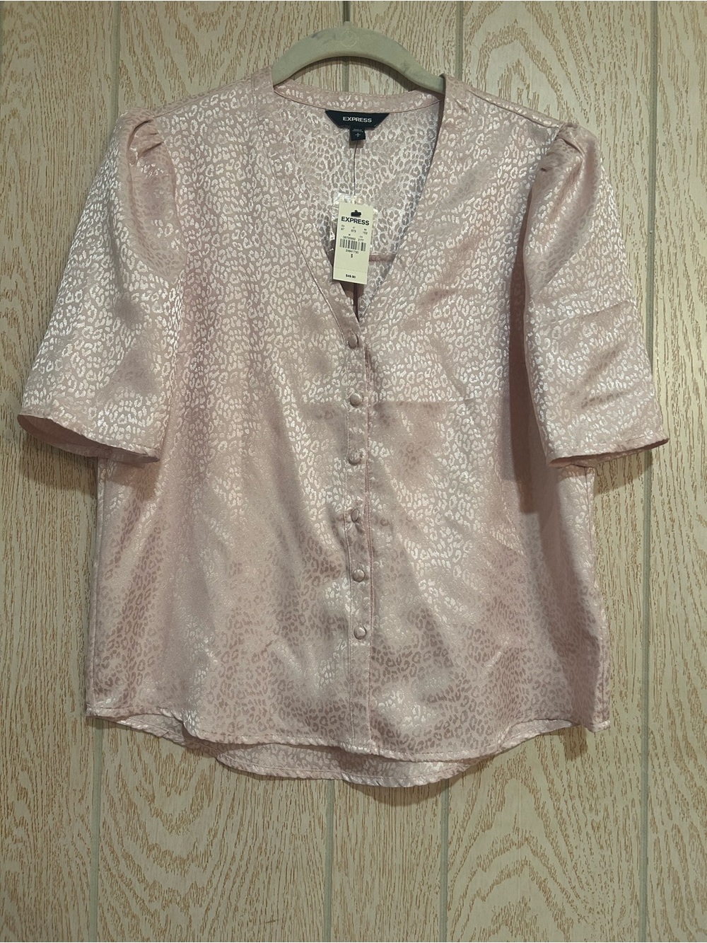 Express Pale Pink Shimmer V-Neck Button Blouse